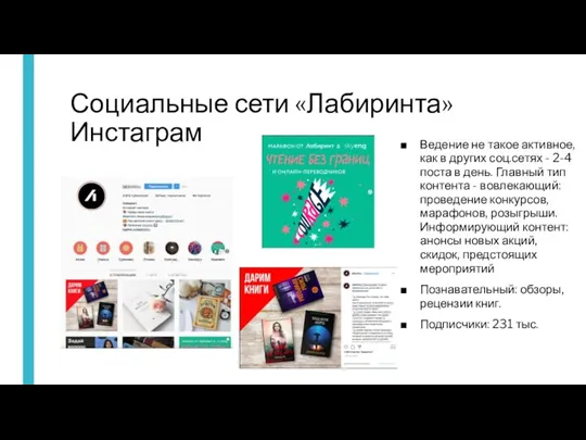 Социальные сети «Лабиринта» Инстаграм Ведение не такое активное, как в