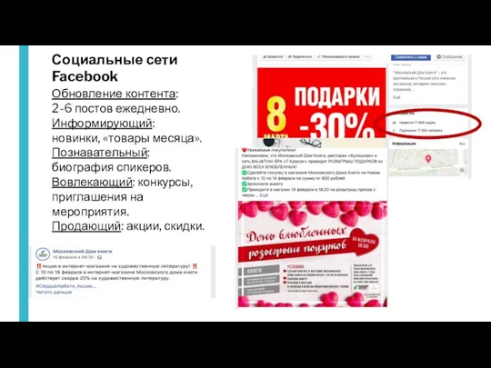 Социальные сети Facebook Обновление контента: 2-6 постов ежедневно. Информирующий: новинки,