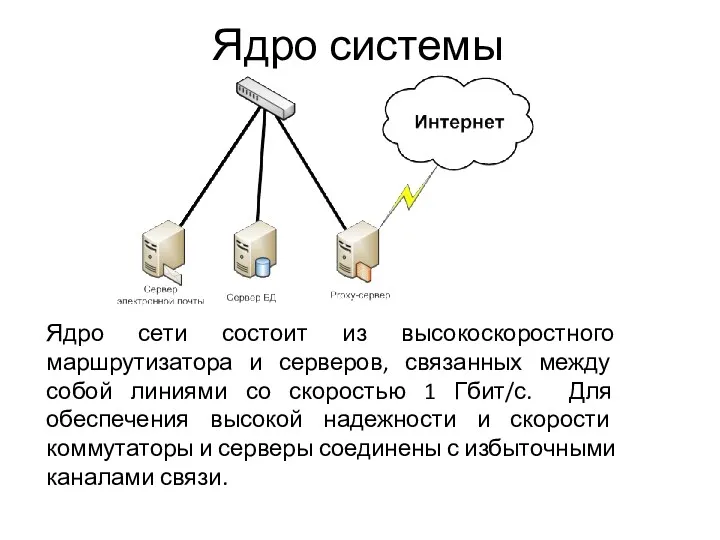 Ядро системы Ядро сети состоит из высокоскоростного маршрутизатора и серверов, связанных между собой