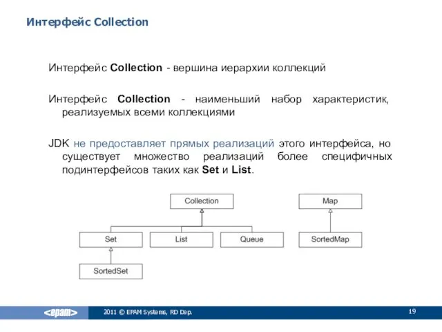 Интерфейс Collection Интерфейс Collection - вершина иерархии коллекций Интерфейс Collection - наименьший набор