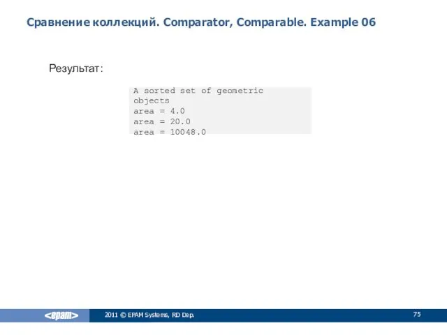 Сравнение коллекций. Comparator, Comparable. Example 06 Результат: 2011 © EPAM