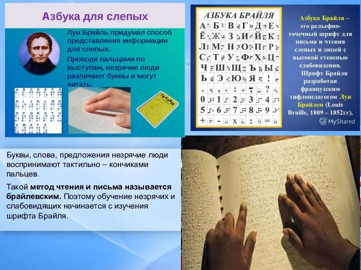 Буквы, слова, предложения незрячие люди воспринимают тактильно – кончиками пальцев.