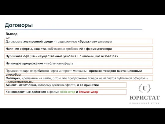 Договоры Выводы: Договоры в электронной среде = традиционные «бумажные» договоры