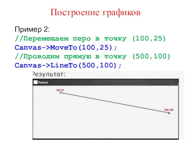 Построение графиков Пример 2: //Перемещаем перо в точку (100,25) Canvas->MoveTo(100,25); //Проводим прямую в точку (500,100) Canvas->LineTo(500,100);