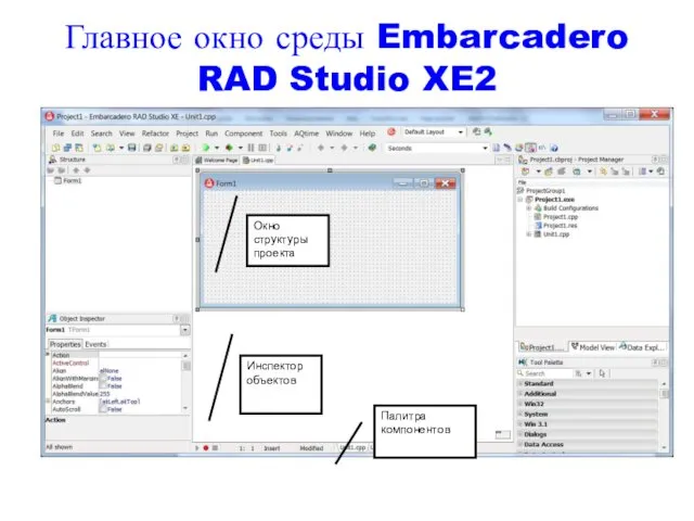 Инспектор объектов Окно структуры проекта Палитра компонентов Главное окно среды Embarcadero RAD Studio XE2