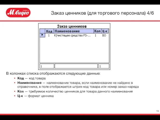 В колонках списка отображаются следующие данные: Код — код товара