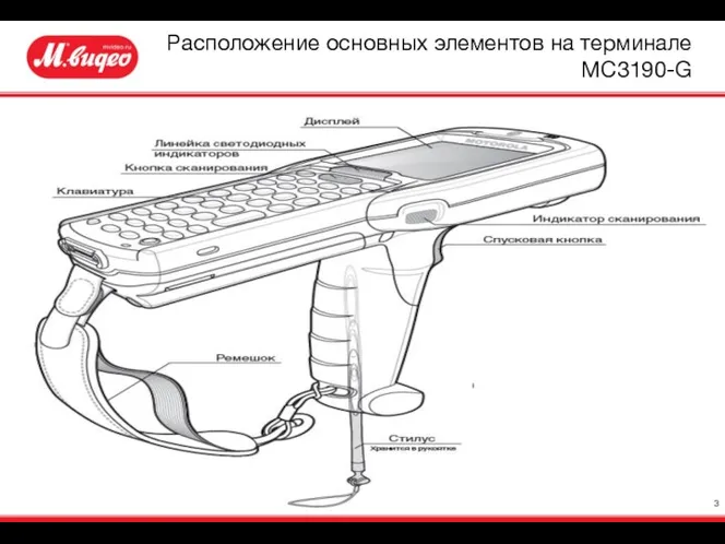 Расположение основных элементов на терминале МС3190-G