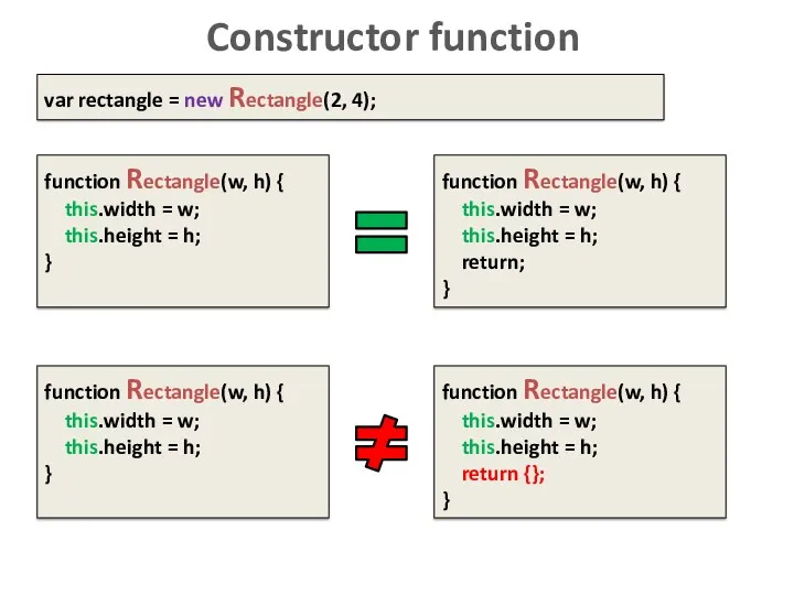 Constructor function function Rectangle(w, h) { this.width = w; this.height