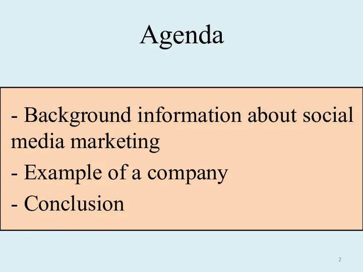 Agenda - Background information about social media marketing - Example of a company - Conclusion