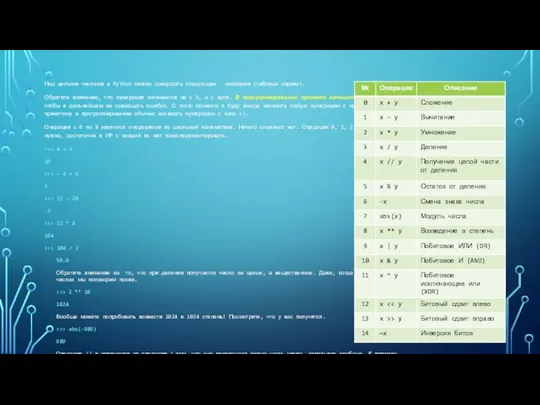 Над целыми числами в Python можно совершать следующие операции (таблица