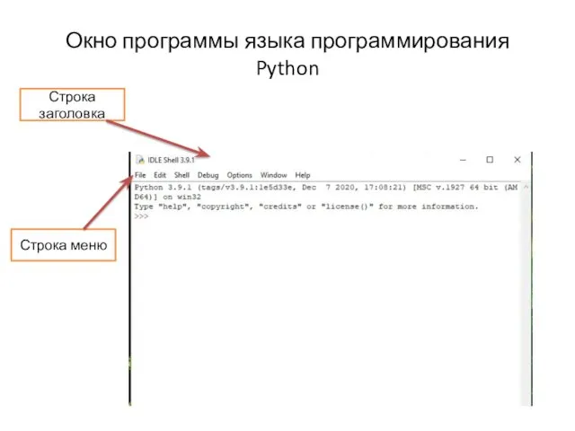 Окно программы языка программирования Python Строка заголовка Строка меню