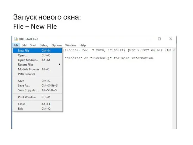 Запуск нового окна: File – New File