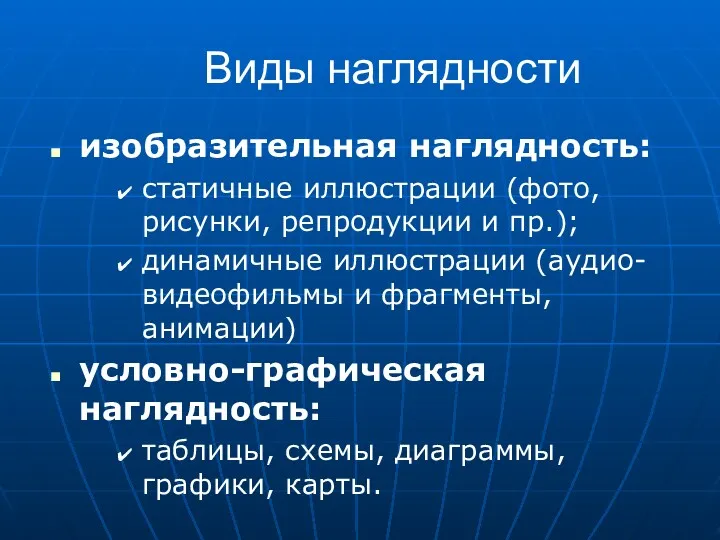 Виды наглядности изобразительная наглядность: статичные иллюстрации (фото, рисунки, репродукции и пр.); динамичные иллюстрации