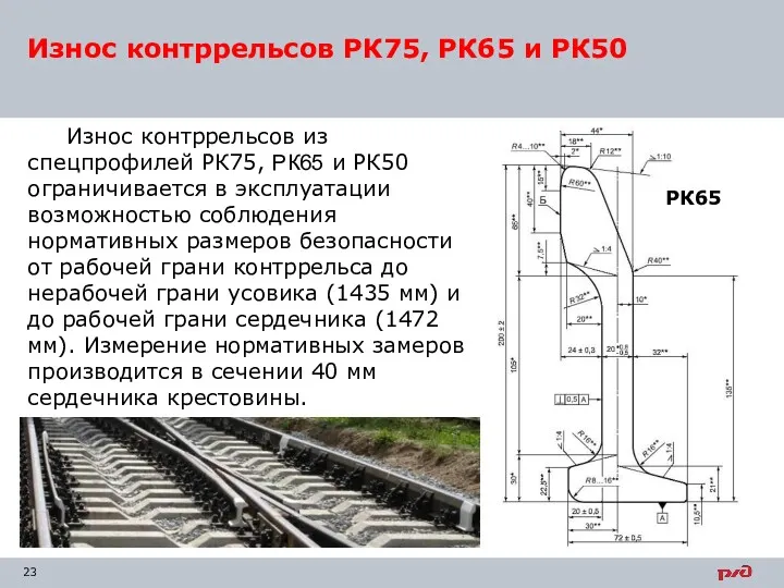 Износ контррельсов РК75, РК65 и РК50 Износ контррельсов из спецпрофилей