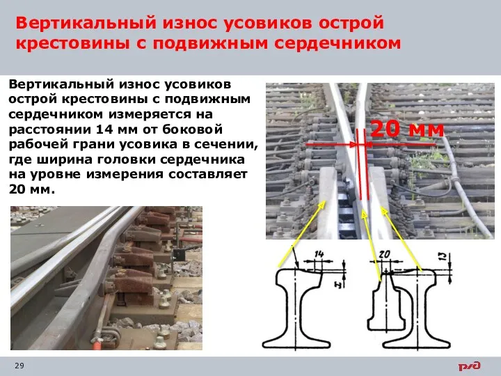 Вертикальный износ усовиков острой крестовины с подвижным сердечником измеряется на