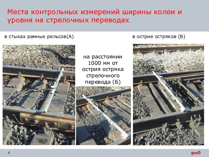 Места контрольных измерений ширины колеи и уровня на стрелочных переводах