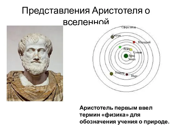 Представления Аристотеля о вселенной Аристотель первым ввел термин «физика» для обозначения учения о природе.