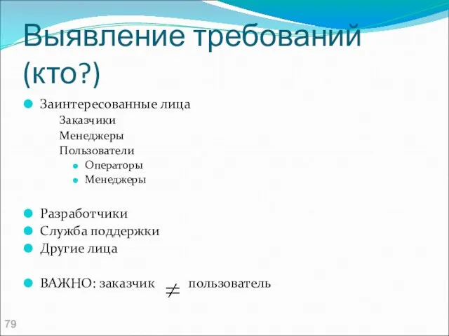 Выявление требований (кто?) Заинтересованные лица Заказчики Менеджеры Пользователи Операторы Менеджеры