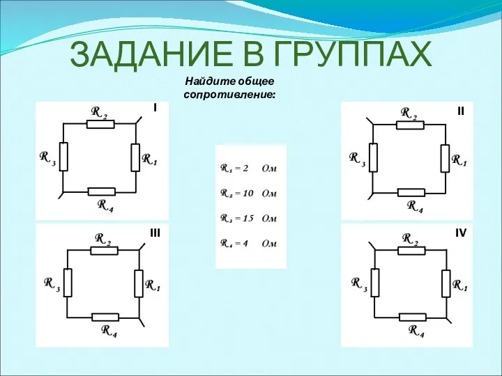 ЗАДАНИЕ В ГРУППАХ Найдите общее сопротивление: I II IV III