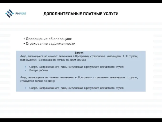 Дополнительные ПЛАТНЫЕ УСЛУГИ Оповещение об операциях Страхование задолженности