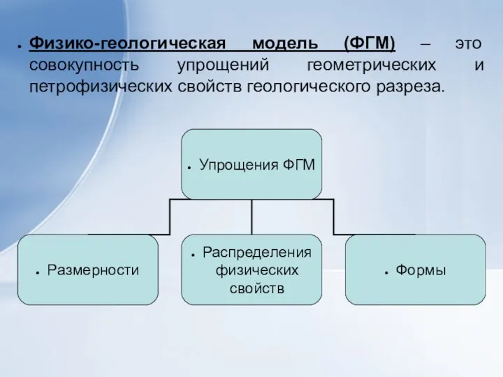 Физико-геологическая модель (ФГМ) – это совокупность упрощений геометрических и петрофизических свойств геологического разреза.