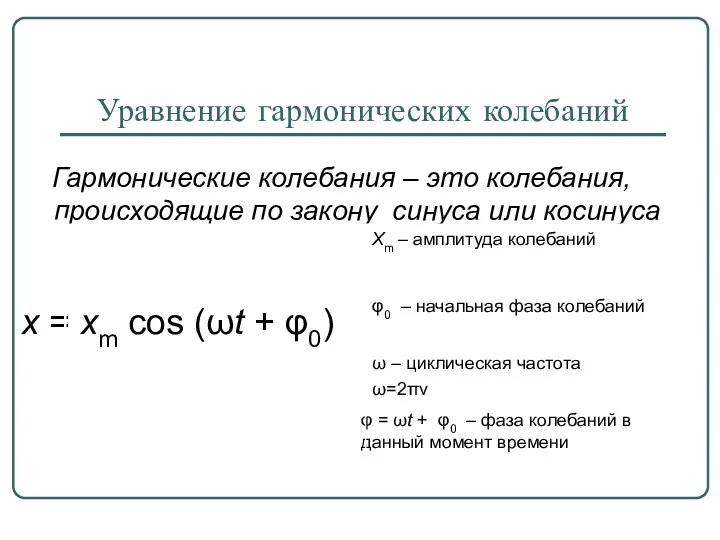 Уравнение гармонических колебаний Гармонические колебания – это колебания, происходящие по