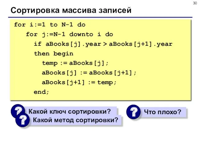 Сортировка массива записей for i:=1 to N-1 do for j:=N-1 downto i do