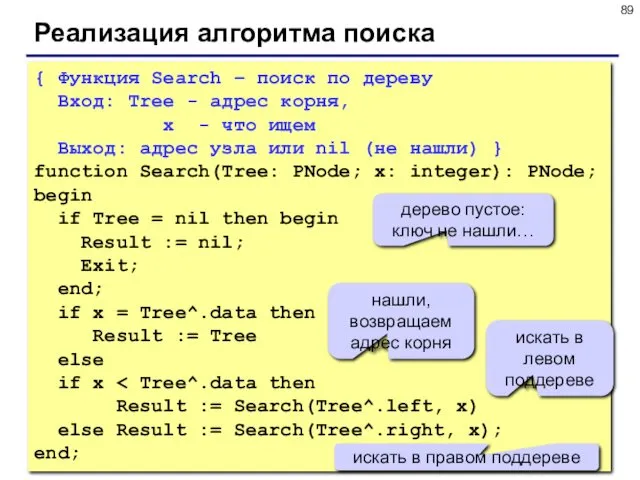 Реализация алгоритма поиска { Функция Search – поиск по дереву