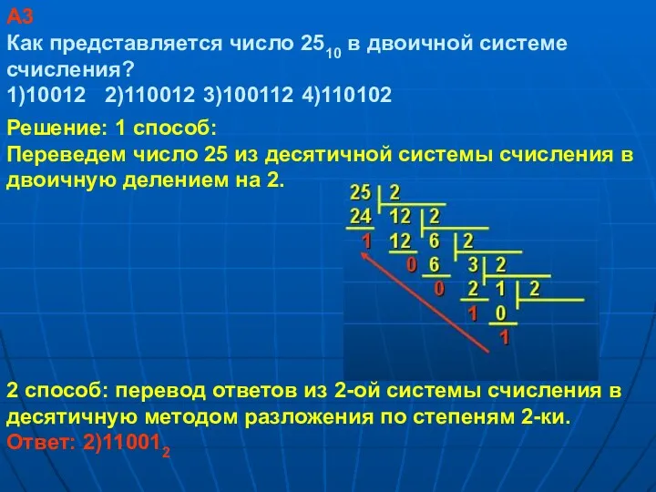 Решение: 1 способ: Переведем число 25 из десятичной системы счисления