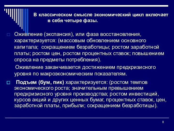 В классическом смысле экономический цикл включает в себя четыре фазы.