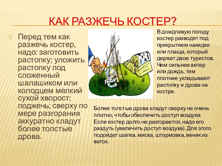 КАК РАЗЖЕЧЬ КОСТЕР? Перед тем как разжечь костер, надо: заготовить