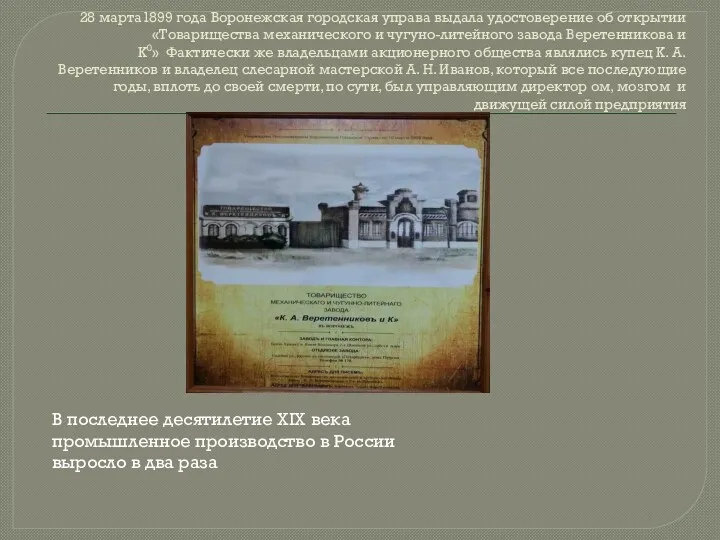 28 марта1899 года Воронежская городская управа выдала удостоверение об открытии