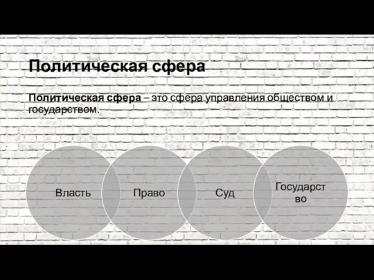 Политическая сфера Политическая сфера – это сфера управления обществом и государством.