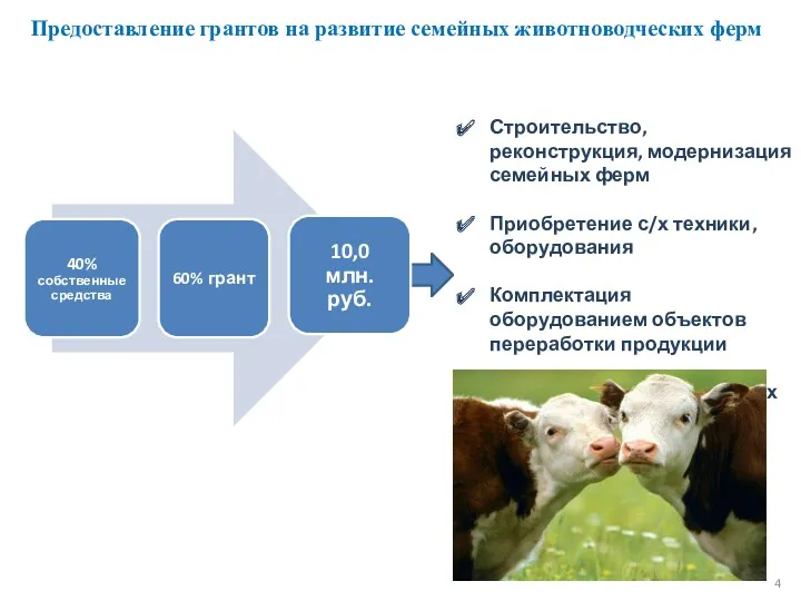 Предоставление грантов на развитие семейных животноводческих ферм Строительство, реконструкция, модернизация