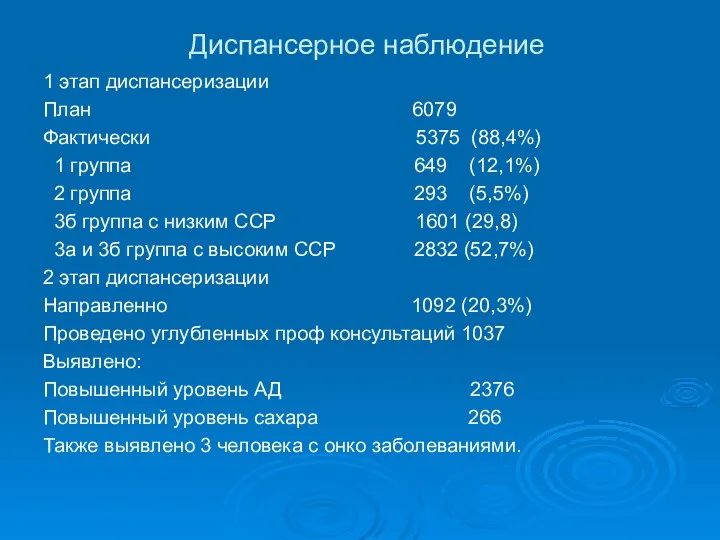 Диспансерное наблюдение 1 этап диспансеризации План 6079 Фактически 5375 (88,4%)