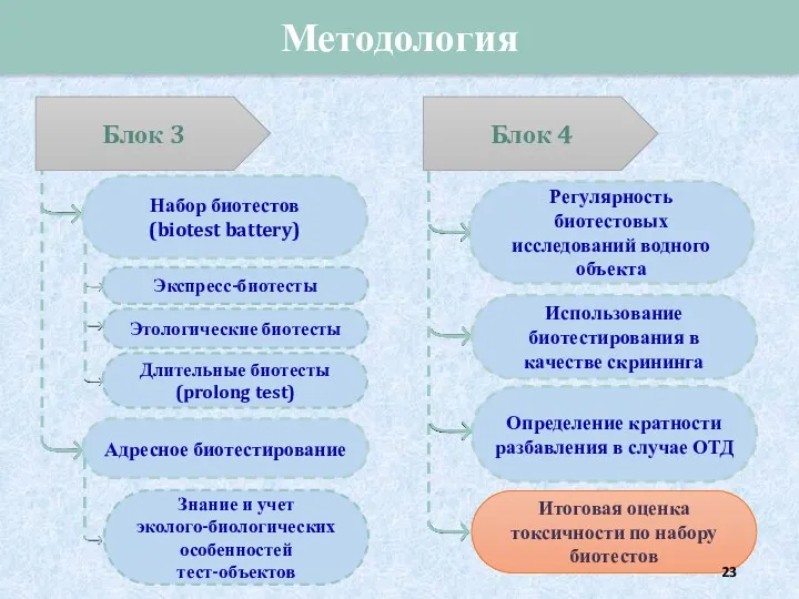 Блок 4 Блок 3 Экспресс-биотесты Этологические биотесты Длительные биотесты (prolong