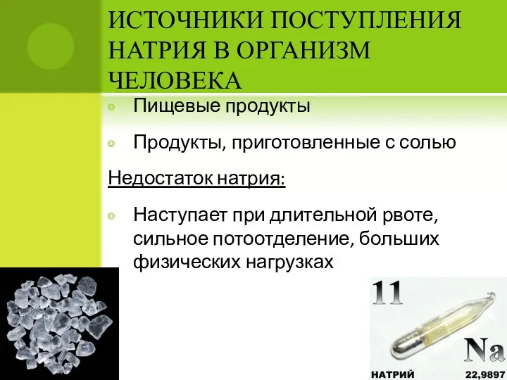 ИСТОЧНИКИ ПОСТУПЛЕНИЯ НАТРИЯ В ОРГАНИЗМ ЧЕЛОВЕКА Пищевые продукты Продукты, приготовленные