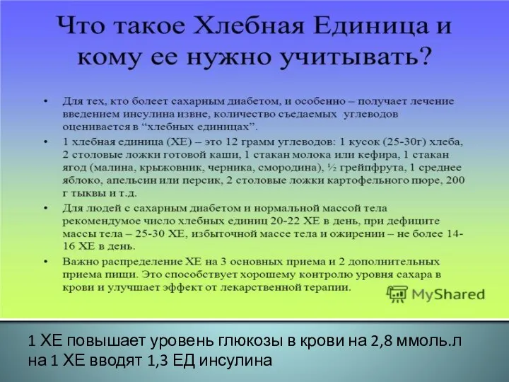 1 ХЕ повышает уровень глюкозы в крови на 2,8 ммоль.л