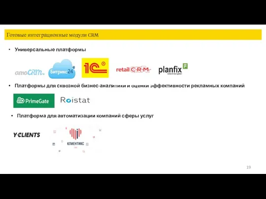 Готовые интеграционные модули CRM Универсальные платформы Платформы для сквозной бизнес-аналитики