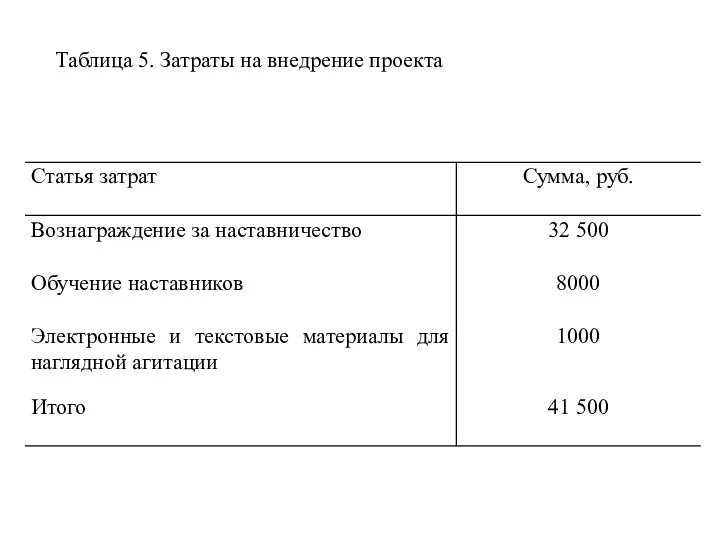Таблица 5. Затраты на внедрение проекта