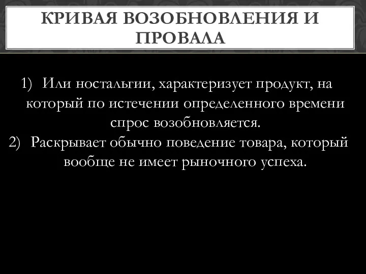 КРИВАЯ ВОЗОБНОВЛЕНИЯ И ПРОВАЛА Или ностальгии, характеризует продукт, на который