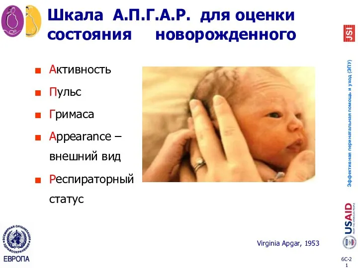 Шкала А.П.Г.А.Р. для оценки состояния новорожденного Активность Пульс Гримаса Appearance