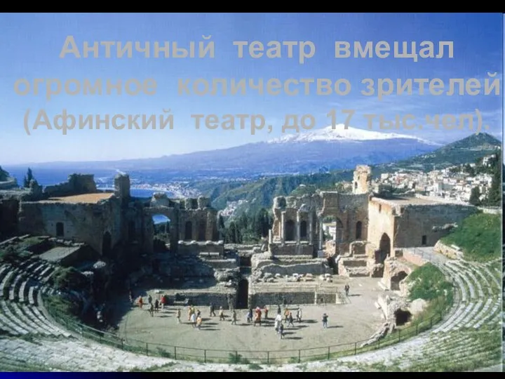 Античный театр вмещал огромное количество зрителей (Афинский театр, до 17 тыс.чел).