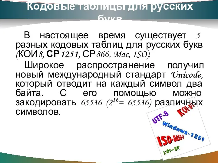 Кодовые таблицы для русских букв В настоящее время существует 5 разных кодовых таблиц
