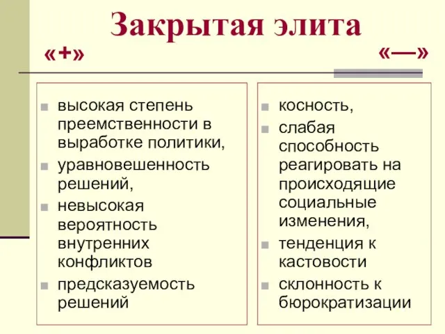 Закрытая элита высокая степень преемственности в выработке политики, уравновешенность решений,