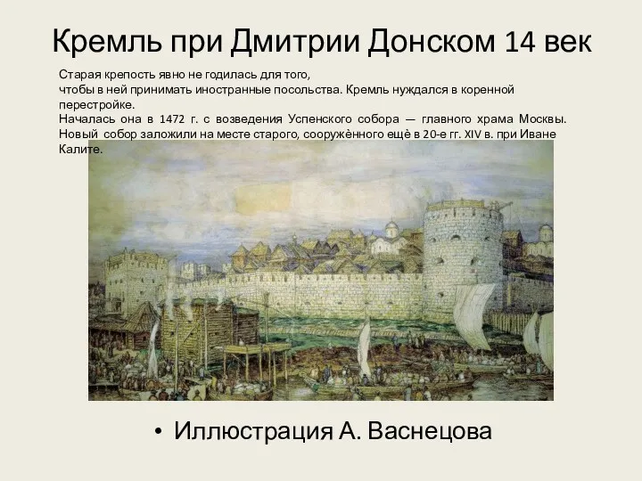 Кремль при Дмитрии Донском 14 век Иллюстрация А. Васнецова Старая