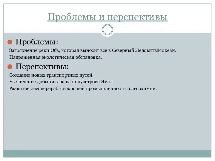 Проблемы и перспективы Проблемы: Загрязнение реки Обь, которая выносит все