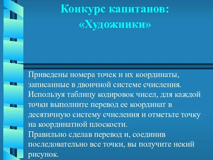 Конкурс капитанов: «Художники» Приведены номера точек и их координаты, записанные