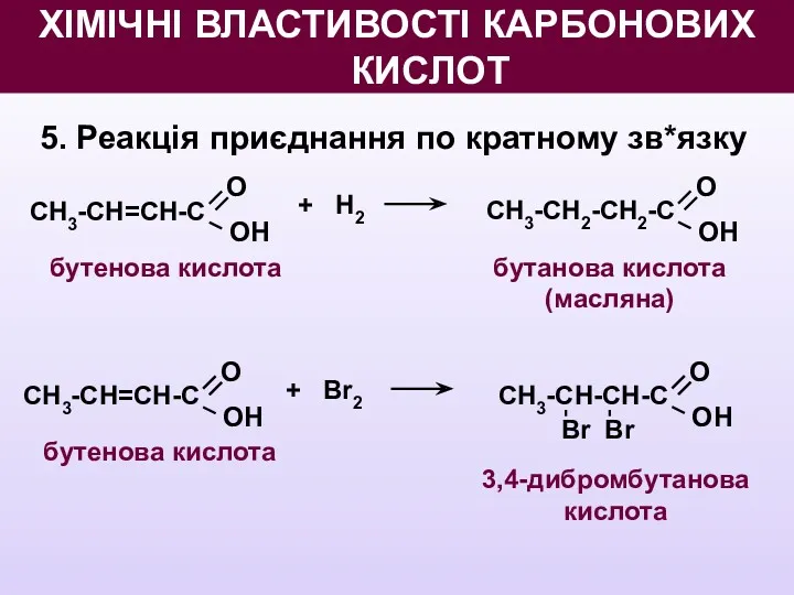 5. Реакція приєднання по кратному зв*язку бутенова кислота О OН