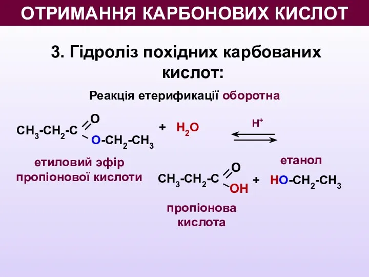 3. Гідроліз похідних карбованих кислот: Реакція етерификації оборотна Н+ +